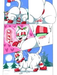 anus ass big_butt blush bodily_fluids candy candy_cane dessert domestic_cat eyeshadow felid feline felis female feral food freckles green_sclera japansadface junipurr makeup mammal neck_tuft penetration smile solo sweat tongue tongue_out tuft vaginal_penetration vaginal_penetration white_body
