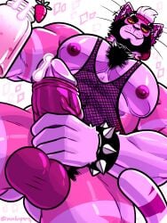 1boy abs absurdres artist_name balls bara baseball_cap beard bracelet cat_boy catboy chest_hair collar cum drinking_straw ear_piercing earrings el_micho_(michopanq) facial_hair feet_out_of_frame fishnet_top fishnets food fruit furry furry_male glass hat highres jewelry large_pectorals looking_at_viewer looking_down male male_focus manly mature_male michopanq milkshake muscular muscular_male nipples oerba_yun_fang original pectorals penis penis_grab piercing signature simple_background smirk solo sparkle spiked_bracelet spiked_collar spikes strawberry stud_earrings tank_top testicles thick_arms thick_eyebrows thick_thighs thighs twitter_username veins veiny_penis white_background yellow_eyes