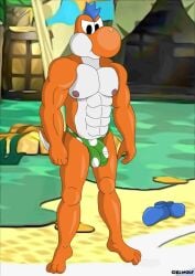 anthro balls beach blue_body blue_scales ciel-wolf clothing dinosaur feet footwear genitals male mario_bros muscular muscular_anthro muscular_male nintendo nipples outside paper_mario paper_mario:_the_thousand_year_door penis prehistoric_species reptile scales scalie shoes solo the_great_gonzales_jr underwear white_body yoshi