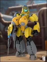 3_fingers 3d_(artwork) armor big_breasts blue_eyes breasts city cityscape digital_media_(artwork) electricity eva_hunt female fingers futuristic genitals glowing glowing_eyes hero_factory hi_res huge_breasts humanoid industrial lego machine model_kit nipples nude nude_female pussy robot robotic solo spikes standing synthetic thiccbrick visor weapon yellow_body