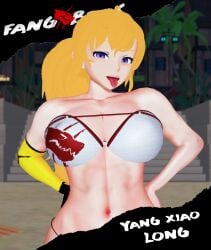 1girls arrancon bikini bikini_bottom bikini_top blonde_female blonde_hair cover_page fangbros hands_on_hips long_hair long_hair_female ponytail pose posing purple_eyes robotic_arm rwby solo_female tongue_out yang_xiao_long