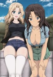 anime big_breasts big_breasts big_thighs blonde_hair el_(girls_und_panzer) girls girls_und_panzer kay_(girls_und_panzer) teasing teasing_viewer