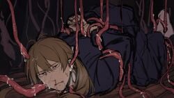 1boy arms_behind_back blush bondage brown_hair dilf fully_clothed gegege_no_kitarou japanese_clothes kimono kitarou_tanjou_gegege_no_nazo long_hair long_hair_male male male_only nosebleed osada_genji ponytail restrained solo_focus sweat tentacle tentacle_bondage tentacle_grab tentacle_in_ear tentacle_on_male tentacle_penetration tentacle_rape tori_bakuretu