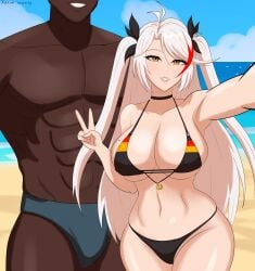 1boy 1girls azur_lane beach bikini cleavage dark-skinned_male dark_skin female flag_bikini german_flag_bikini interracial large_breasts light-skinned_female light_skin male prinz_eugen_(azur_lane) selfie speedo straight swimsuit tagme v white_hair