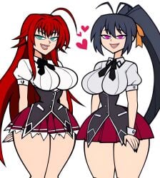 2girls ai_generated akeno_himejima big_breasts crossover curvy dark_hair heart high_school_dxd looking_at_viewer ponytail purple_eyes red_hair rias_gremory ribbon school_uniform smug_face total_drama_(series) total_drama_island turquoise_eyes white_background