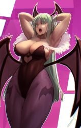 1girls armpits arms_up artist_signature bat_wings big_breasts busty capcom curvy darkstalkers green_eyes green_hair light-skinned_female light_skin morrigan_aensland shibbunny succubus thick_thighs tights
