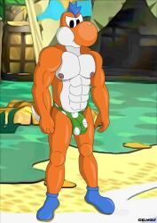 anthro balls beach blue_body blue_scales ciel-wolf clothing dinosaur footwear genitals male mario_bros muscular muscular_anthro muscular_male nintendo nipples outside paper_mario paper_mario:_the_thousand_year_door penis prehistoric_species reptile scales scalie shoes solo the_great_gonzales_jr underwear yoshi