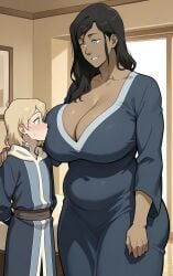 1boy1girl ai_generated avatar_legends avatar_the_last_airbender ayyaai belly bigger_female blonde_hair blue_eyes breasts child_bearing_hips cleavage dark_hair hand_on_shoulder huge_breasts korra older_female robe side_by_side size_difference smaller_male smile tanned the_legend_of_korra thick_thighs