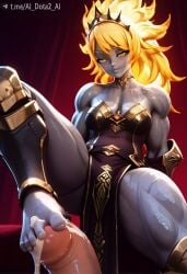 1boy abs ai_dota_ai ai_generated armor bare_shoulders barefoot blonde_hair breasts colored_skin cum cum_on_body cum_on_feet dota_2 dress feet female footjob grey_skin long_hair looking_at_viewer male medium_breasts metal_skin muscular muscular_female pelvic_curtain penis shiny_skin sitting smile solo_focus straight thick_thighs thighs tiara toes uncensored valora_the_dawnbreaker veins veiny_penis vicineko_style yellow_eyes
