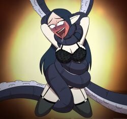 black_bra choking cleavage disney eyes_rolling_back lilith_clawthorne lingerie poparc_nsfw stockings sweat tentacle tentacle_wrapped_around_neck the_owl_house tongue_out