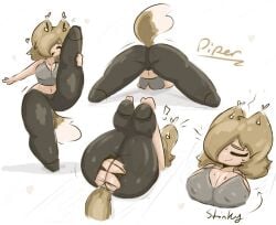 ass bending_over bent_over breasts breasts leggings piper_(possiblyzero) possiblyzero ripped_clothing ripped_pants stinky yoga yoga_pants