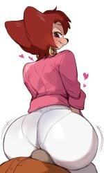 anthro ass big_butt biped bite biting_lip black_nose blush brown_eyes canid canine canis clothed clothing disney domestic_dog duo erection erection_under_clothing eyebrows female goof_troop hair heart_symbol hi_res lightsource looking_back male male/female mammal peg_pete rear_view simple_background teeth white_background
