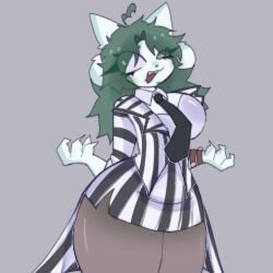 4_ears breasts cat_ears claws dog_ears female green_eyes grey_hair huge_breasts huge_thighs medium_hair multi_ear pantyhose pear_shaped scentedpocky striped_clothing temmie_(undertale) thick_thighs thighs undertale white_body white_fur