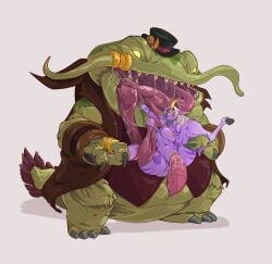 1boy 1boy1girl 1girls antalauzt celestial_(league_of_legends) child_bearing_hips defeat defeat_sex defeated demon dubious_consent female goat_girl goat_horn green_skin hooves horn impossible_fit large_breasts league_of_legends legends_of_runeterra long_tongue male monster purple_skin riot_games simple_background size_difference soraka straight tahm_kench thick_thighs tongue tongue_out vaginal_penetration waifu