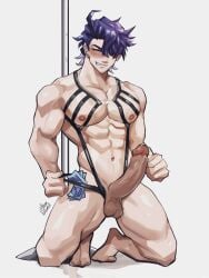 1boy abs bara blue_hair english_text gay honkai:_star_rail honkai_(series) hoyoverse male male_only mihoyo muscular muscular_male pecs penis presenting_penis sampo_(honkai_star_rail) shiny_penis smirk solo solo_male stripper stripper_pole swimsuit thighs thombrownie yaoi