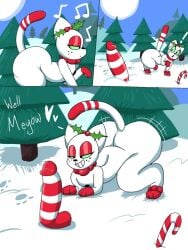 ass big_butt candy candy_cane dessert dildo domestic_cat eyeshadow felid feline felis female feral food freckles green_sclera japansadface junipurr makeup mammal markings neck_tuft sex_toy smile solo tail tail_markings text tuft white_body
