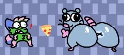 2d_animation aliasing animated anus ass big_butt blue_body brick_(pizza_tower) digital_media_(artwork) don't_touch_my_pizza_(meme) duo exclamation_point felid feline floating_food floating_whiskers food gesture glistening glistening_butt green_body huge_butt kevin_(nyanwolf) looking_at_another looking_at_viewer looking_back looking_surprised loop male mammal meme multicolored_body murid murine nxyitn pizza pizza_tower rat rat_tail rodent seamless_loop shitpost tail tail_motion thick_thighs twerking waving waving_at_viewer whiskers x_anus