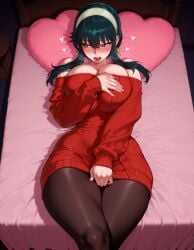 1girls ai_generated balecxi bangs bare_shoulders bed bed_sheet black_hair black_legwear black_pantyhose blush breasts cleavage clothing curvaceous curvaceous_female curvaceous_figure curvy curvy_figure dress earrings female female_focus female_only gold_earrings hairband headwear heart heart-shaped_pillow huge_breasts imminent_sex indoors inviting inviting_to_sex jewelry large_breasts legwear light-skinned_female long_hair long_sleeves lying off-shoulder_sweater off_shoulder on_back on_bed open_mouth pantyhose pillow red_eyes red_sweater seductive seductive_look short_hair_with_long_locks sidelocks smile solo spy_x_family sweater sweater_dress thick_thighs thighs tongue tongue_out voluptuous voluptuous_female white_hairband yor_briar yor_forger