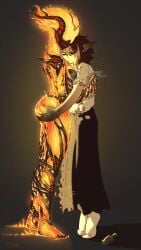 2girls black_skirt bottle brown_hair burnt_clothes female flame_atronach from_side grabbing_another's_ass gradient_background groping horns hug long_skirt multiple_girls pointy_ears shoog socks standing the_elder_scrolls the_elder_scrolls_iv:_oblivion tiptoes torn_clothes yuri
