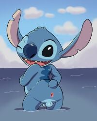 alien anthro anus ass balls beach canid canine disney draggieposs foreskin genitals hi_res humanoid_genitalia humanoid_penis lilo_and_stitch looking_at_viewer looking_back male mammal one_eye_closed penis pinup pose raised_tail sea solo solo_focus stitch_(lilo_and_stitch) tail water wink winking_at_viewer
