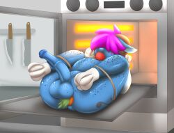 animal_genitalia animal_penis anthro apple appliance balls big_balls bloated blue_balls blue_body blue_penis bondage brown_horn carrot cooking_with_furs equid equine equine_genitalia equine_penis food food_fetish food_gag food_insertion food_play fruit gag genitals hair hi_res horn horse imminent_death improvised_sex_toy inside kitchen_appliance knife male mammal medial_ring musical_note musical_symbol oven penis plant pony purple_hair solo symbol vegetable waynekan