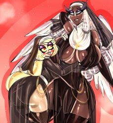 angel angel_humanoid ass big_breasts big_butt bitterbunz bitterrbunz blonde_hair blue_eyes blue_hair blush bodily_fluids breasts charlie_morningstar clothed clothing dark_body dark_skin demon demon_humanoid demon_on_angel duo female genitals hair hazbin_hotel hi_res horn huge_butt humanoid nipples nun nun's_habit open_mouth partially_clothed pussy red_eyes sera_(hazbin_hotel) seraph_(angel) sweat tail teeth thick_thighs tongue tongue_out wide_hips