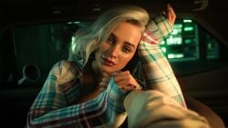 1girls 2022 3d car clothed clothing female female_focus lipstick looking_at_viewer once182 original original_character piercing pov slushe_(website) solo_focus teal_nail_polish teal_nails ves_(once182)