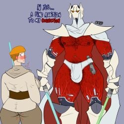 alien alien/human armor back_view barely barely_clothed blush body_hair briefs bulge bulge_awe cloak clone_wars cyborg exposed female flashing general_grievous gronch0 hairy heart heartbeat holding_weapon jedi leggings lightsaber looking_at_penis male/female mask no_sex orange_hair panties pantylines penis_awe red_body robot_legs robotic_arm robotic_legs sideboob simple_background smaller_female star_wars surprised tagme taller_male text throbbing_pussy underwear veins weapon