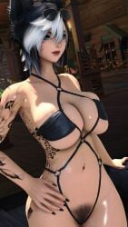 areola aylen_dawn aylen_ffxiv belly_piercing bikini canid canine female female_focus female_only final_fantasy_xiv fox_ears fox_girls gpose(ffxiv) kemonomimi miqo'te musky naked nipples nude piercing solo_focus sweat sweaty tomboy