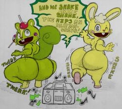 2024 4_fingers absurd_res anthro apple ass big_butt boombox buckteeth candy candy_apple cheek_tuft clothing crouching cuddles_(htf) dessert dotceedot duo english_description english_text exclamation_point facial_tuft fauxtellno1 fingers food footwear fruit fur green_body green_eyes green_fur happy_tree_friends head_tuft heart_nose heart_symbol hi_res lagomorph lazy_eye leporid lollipop long_ears looking_back male mammal motion_lines musical_note musical_symbol nutty_(htf) on_one_leg one_eye_closed open_mouth pink_cheeks pink_clothing pink_footwear pink_nose plant rabbit rabbit_ears rear_view rodent sciurid shaking_butt shoes slippers small_tail smile standing symbol tail teeth text thick_thighs third-party_edit traditional_media_(artwork) tree_squirrel tuft twerking yellow_body yellow_fur