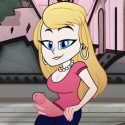 1futa ai_generated big_penis blonde_hair blue_eyes clothed eddie's_mom erection futa_only futanari helluva_boss looking_at_viewer milf pearl_necklace penis penis_out seductive solo solo_futa vivienne_medrano vivziepop