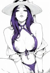 ai_generated big_ass big_breasts black_and_white breasts caitlyn_kiramman colorless erect_nipples huge_breasts league_of_legends no_color pool_party_caitlyn thick_thighs vagina
