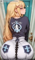 ai_generated ass bangs blonde_hair blue_eyes blush breasts clothes_writing cuckingmama female hair_ornament hairclip long_hair looking_at_viewer solo tagme virtual_youtuber x_hair_ornament