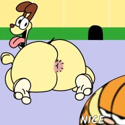 2boys ass big_ass brown_ears domestic_dog feet feline garfield_(series) garfield_the_cat looking_back male male_only nickelodeon odie orange_body orange_fur redsheep teasing text thick_ass thick_thighs yellow_body yellow_fur