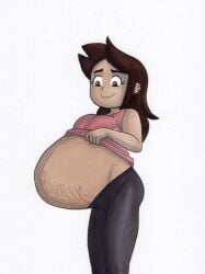 1girls aged_up big_belly big_breasts black_pants breasts dark-skinned_female disney earring female_focus female_only huge_belly hyper_pregnancy latina lifting_shirt long_hair luz_noceda milf pregnant ready_to_pop red_shirt smile sole_female tagme the_owl_house tomboy