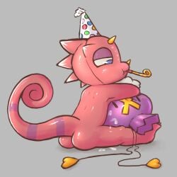 absurd_res animal_crossing anthro ass badipoki balloon balloon_fetish bodily_fluids chameleon clothing cum drifloon duo flick_(animal_crossing) generation_4_pokemon genital_fluids hat headgear headwear hi_res horn inflatable lizard male nintendo party_hat party_hat_only party_horn party_horn_in_mouth pokemon pokemon_(species) reptile scalie sitting tail