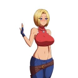 1girls arm_behind_back big_breasts blonde_hair blue_eyes blue_mary blush breasts busty child_bearing_hips covered_nipples curvy denim fatal_fury female female_only fingerless_gloves gloves highres jeans king_of_fighters king_of_fighters_xv large_breasts legs midriff navel pants parted_lips snk solo source_request teeth thighs voluptuous wide_hips