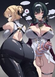 astra_yao black_hair blonde_hair evelyn_chevalier fat_ass female futanari huge_ass huge_breasts huge_cock kyuri_yaki precum tight_clothing veiny_penis zenless_zone_zero