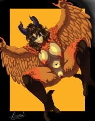 avian big_breasts breasts european_mythology feathers feet female genitals greek_mythology harpy hi_res humanoid kristhianquint4 kyra_(realm_of_radiance) looking_down mythological_avian mythological_bird mythological_creature mythological_firebird mythology phoenix pussy realm_of_radiance solo spread_legs spreading talons thick_thighs toes wings