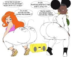 2girls abigail_owens_(superscrub) ass ass_shake big_ass dark-skinned_female darkeros13 gold_boombox_(prevence) kimmy_meisner looking_at_viewer red_hair shaking_ass sym-bionic_titan text twerking