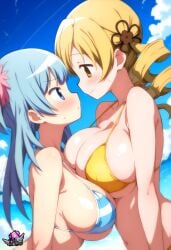 2girls ai_generated artist_logo beach big_breasts big_breasts bikini blue_hair breasts breasts drill_hair face_to_face girls hi_res huge_boobs huge_breasts madoka_worship magia_record:_mahou_shoujo_madoka_magica_gaiden magical_girl mahou_shoujo_madoka_magica minami_rena puella_magi_madoka_magica tomoe_mami twin_drills twintails voluptuous voluptuous_female yellow_eyes yellow_hair