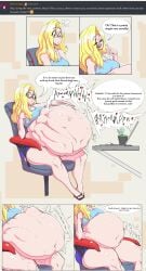 1girls belly big_belly blonde_hair blush burp burping clothing comic cruel_pred digestion female female_only fourofour glasses huge_belly large_breasts madz_(madzisstacked) madzisstacked real_person same_size_vore stomach_noises thick_thighs thighs vore