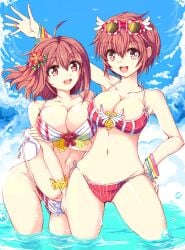 2girls :d alternate_costume bad_id bad_pixiv_id bare_shoulders bare_thighs beach bikini blue_sky blush breast_hold breasts brown_hair cameltoe cleavage commentary curvaceous echizen_(hvcv) eyewear_on_head female female_only fire_emblem fire_emblem_fates flower groin hair_flower hair_ornament high_resolution highres hinoka_(fire_emblem) jewelry large_breasts medium_breasts midriff multiple_girls navel nintendo ocean open_mouth pink_eyes pink_hair pose red_bikini red_hair red_swimsuit ring sakura_(fire_emblem) short_hair siblings side-tie_bikini sisters sky smile spread_legs sunglasses sunglasses_on_head swimsuit thighs undressing untied untied_bikini wardrobe_malfunction white_swimsuit wristband