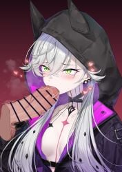 1boy black_jacket blush body_markings breasts censored choker coffeekite crossed_bangs demon_girl demon_horns ear_piercing erection fate/grand_order fate_(series) fellatio female green_eyes grey_hair highres hood horns jacket lilith_(fate) lilith_(first_ascension)_(fate) long_hair long_sleeves low_twintails oral penis piercing straight twintails