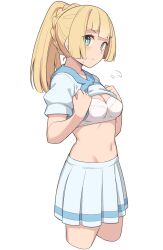 1girls blonde_hair blush bra breasts embarrassed female green_eyes hi_res lillie_(pokemon) looking_at_viewer medium_hair midriff navel nintendo pleated_skirt pokemon pokemon_sm ponytail shirt_lift shiseki_hirame skirt small_breasts solo