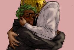 anime blonde_female blonde_hair blush blushing_lines breasts closed_eyes coily_hair curly_hair dark-skinned_male dark_skin dyed dyed-hair dyed_hair face_in_breasts female full_lips genderswap genderswap_(mtf) glasses green_hair hoodie hug hugging light-skinned_female light_skin male pinpointmenal pressed_against pressing_breast_on_partner race_swap rule_63 sanji sanji_(one_piece) ship smiling smiling_male straight traced traced_art zoro zoro_(one_piece)