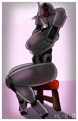 assaultron border fallout hi_res loodboyo looking_at_viewer mechanical pinup robot_humanoid simple_background sitting_on_chair