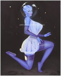 1girls alien asari ass big_ass big_breasts bioware blue_skin breasts female female_only garter_straps helmet large_breasts liara_t'soni mass_effect metameta/metatwotimes pinup retro-futurism retro_artstyle solo solo_female translucent_clothing