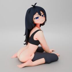 1girls black_hair blue_eyes bubble_ass bubble_butt cute female female_focus female_only human light-skinned_female light_skin long_hair looking_at_viewer looking_back pants silly silly_face sillygirl simple_background sitting smile smiling smiling_at_viewer solo sports_bra suggestive suggestive_look suggestive_pose suggestive_smile white_background