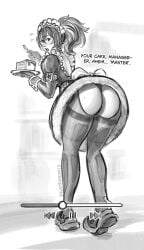 alternate_costume apron ass ass_focus black_hair breasts cake calamari_cakes enmaided female frilled_apron frills greyscale highres long_hair maid maid_headdress mole mole_on_ass monochrome multicolored_hair ponytail revealing_clothes streaked_hair thong tight_clothing video_recording white_apron zenless_zone_zero zhu_yuan